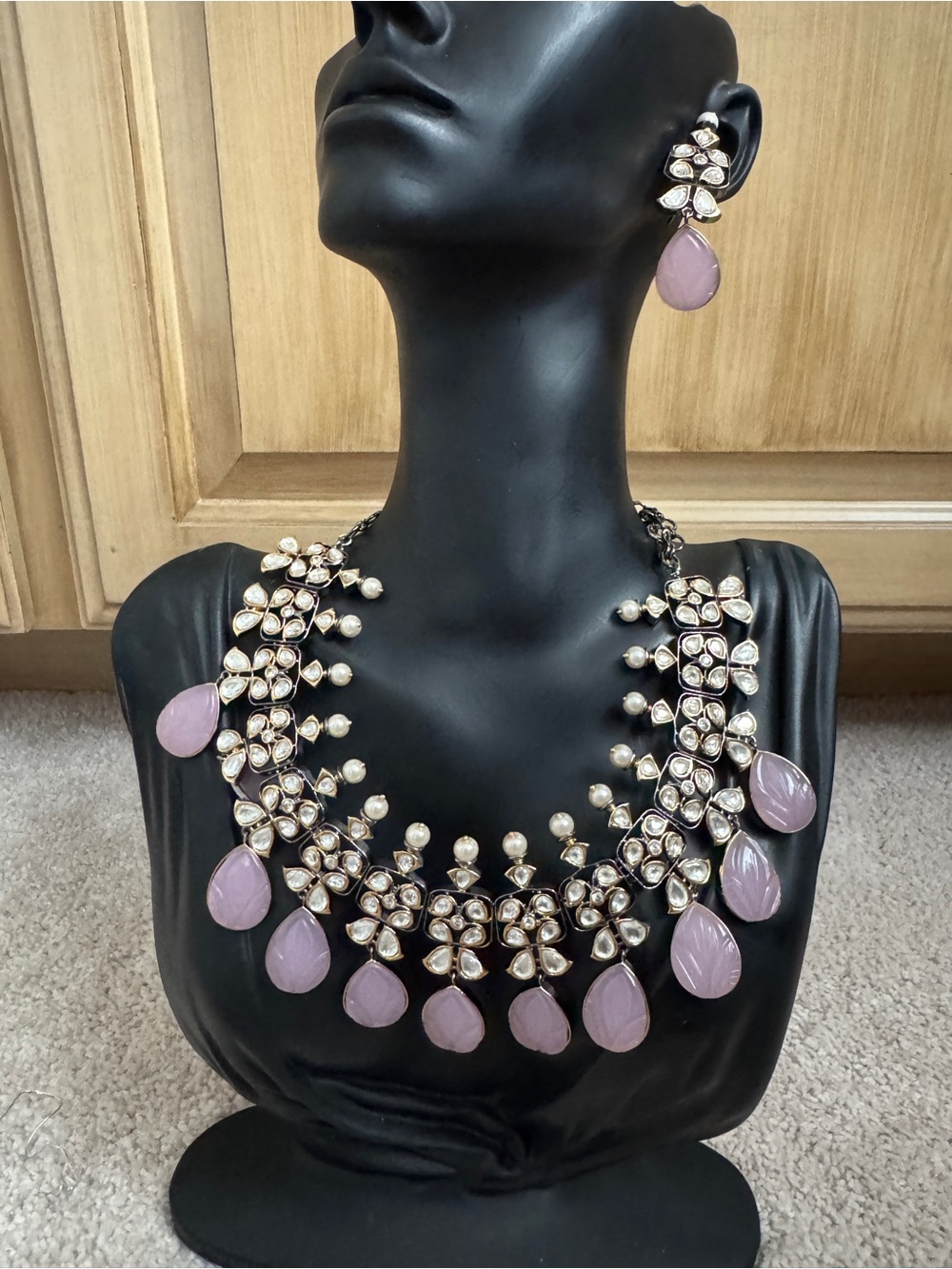Baby Pink Teardrop Statement Necklace & Earrings - Women Jewelry